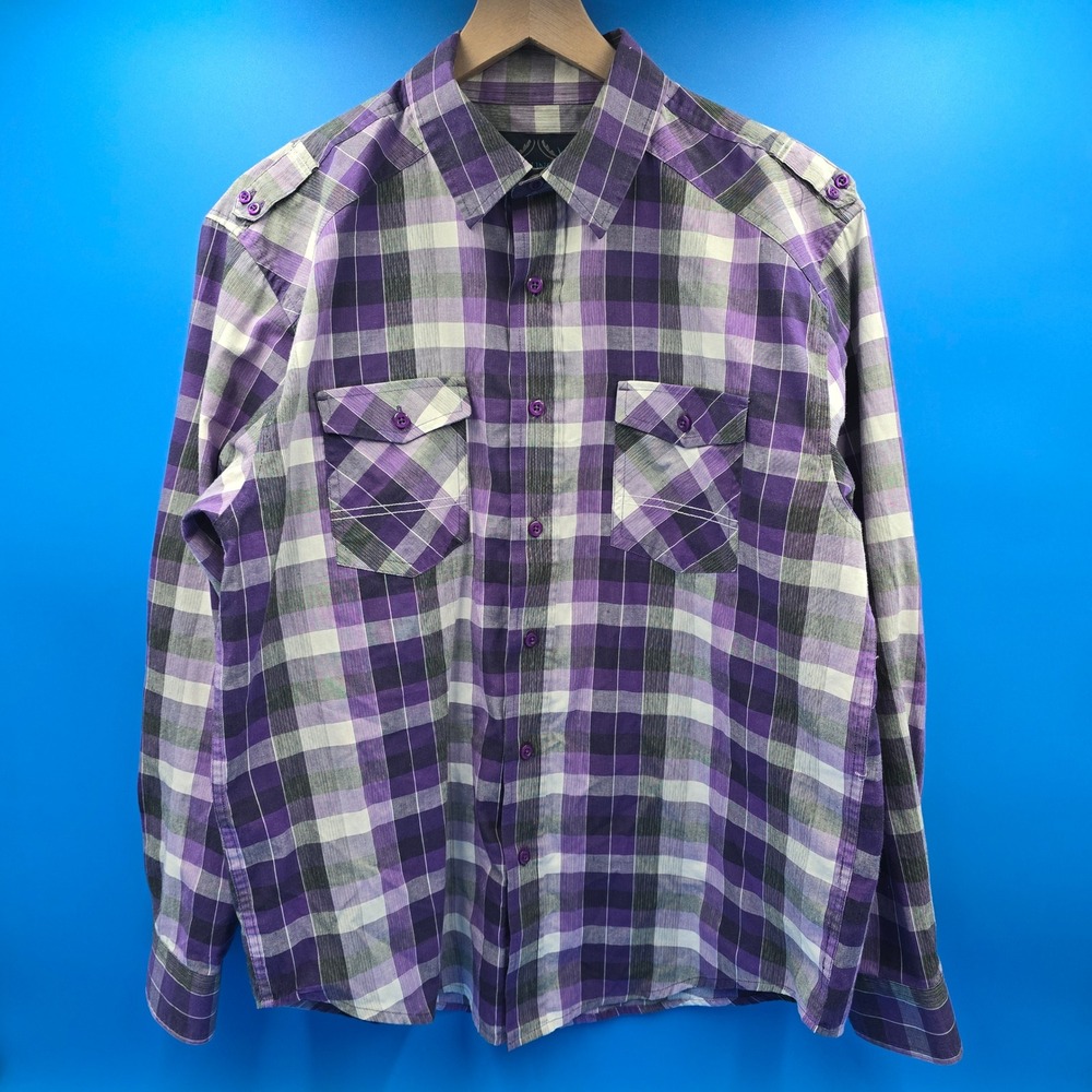 Bruno New York Men Large Purple‎ Plaid Button Down Shirt Epaulet Roll Tab L